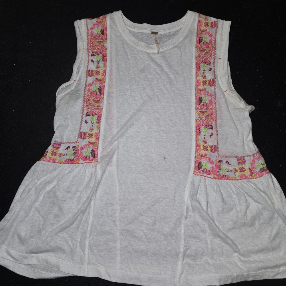 Free People White Sleeveless Top with Pink Embroidery